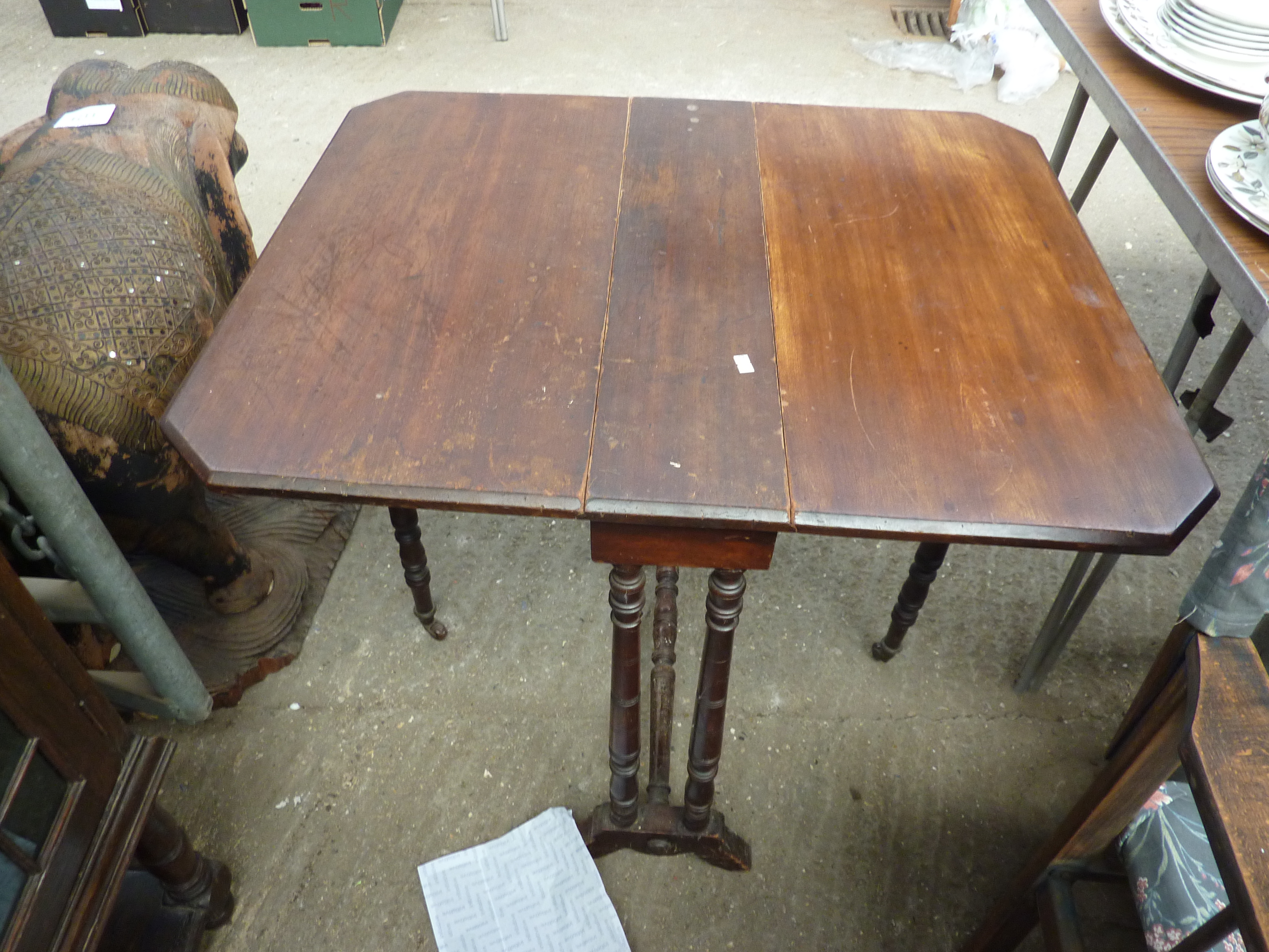 Mahogany hexagonal side table; garden chair; oak footstool; oak side table and mahogany table