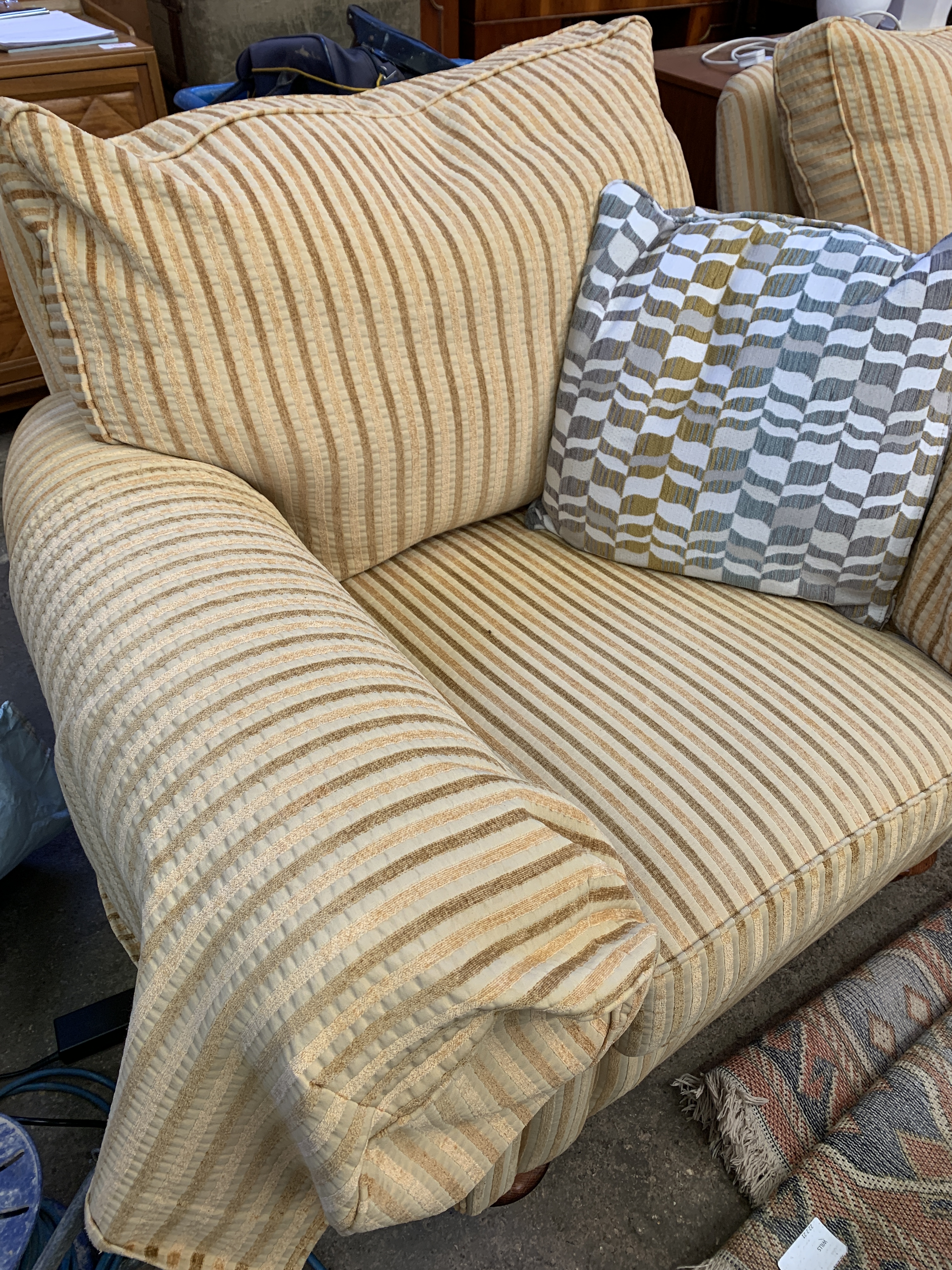 Two armchairs upholstered in gold coloured striped fabric - Image 2 of 4