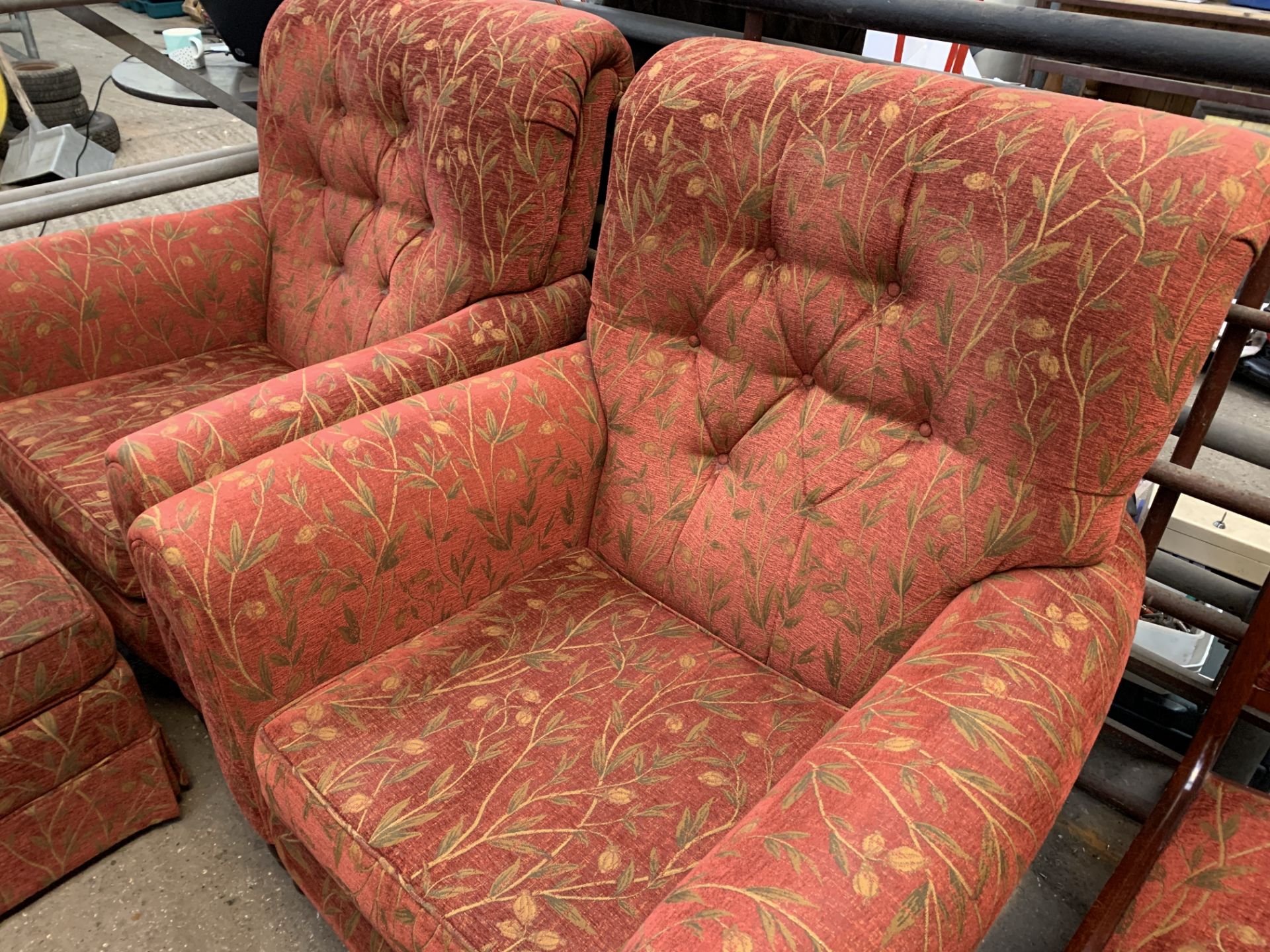 2 armchairs and an ottoman upholstered in dark red; together with a pair of dining chairs - Image 2 of 9