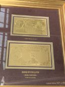 Framed and glazed limited edition Bank of England ten shillings and five pounds pure gold notes