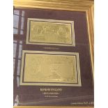 Framed and glazed limited edition Bank of England ten shillings and five pounds pure gold notes