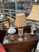 Three table lamps and two oil lamps