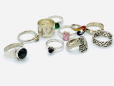 Seven various silver rings and three others