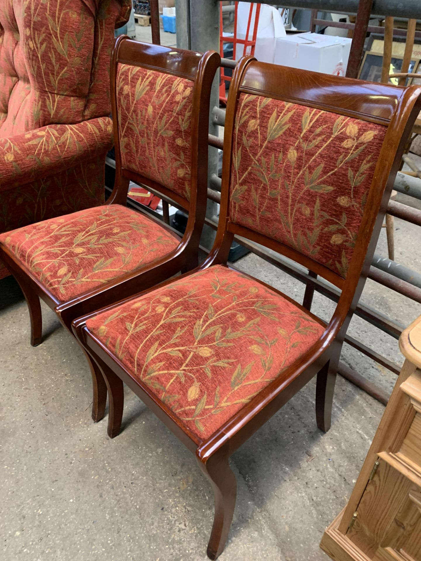 2 armchairs and an ottoman upholstered in dark red; together with a pair of dining chairs - Image 8 of 9