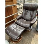 Brown leather effect swivel and tilting armchair with matching footstool