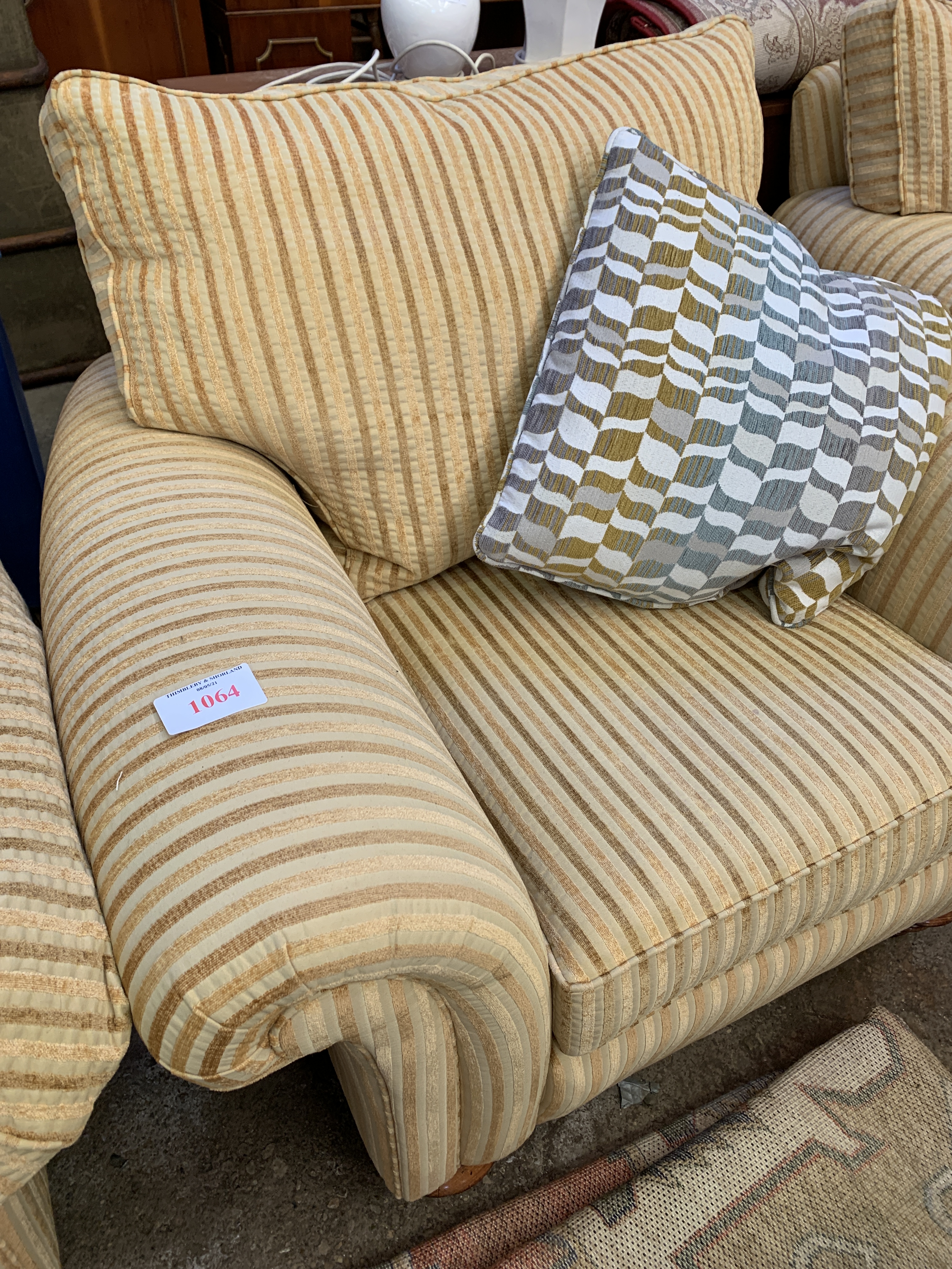 Two armchairs upholstered in gold coloured striped fabric - Image 3 of 4