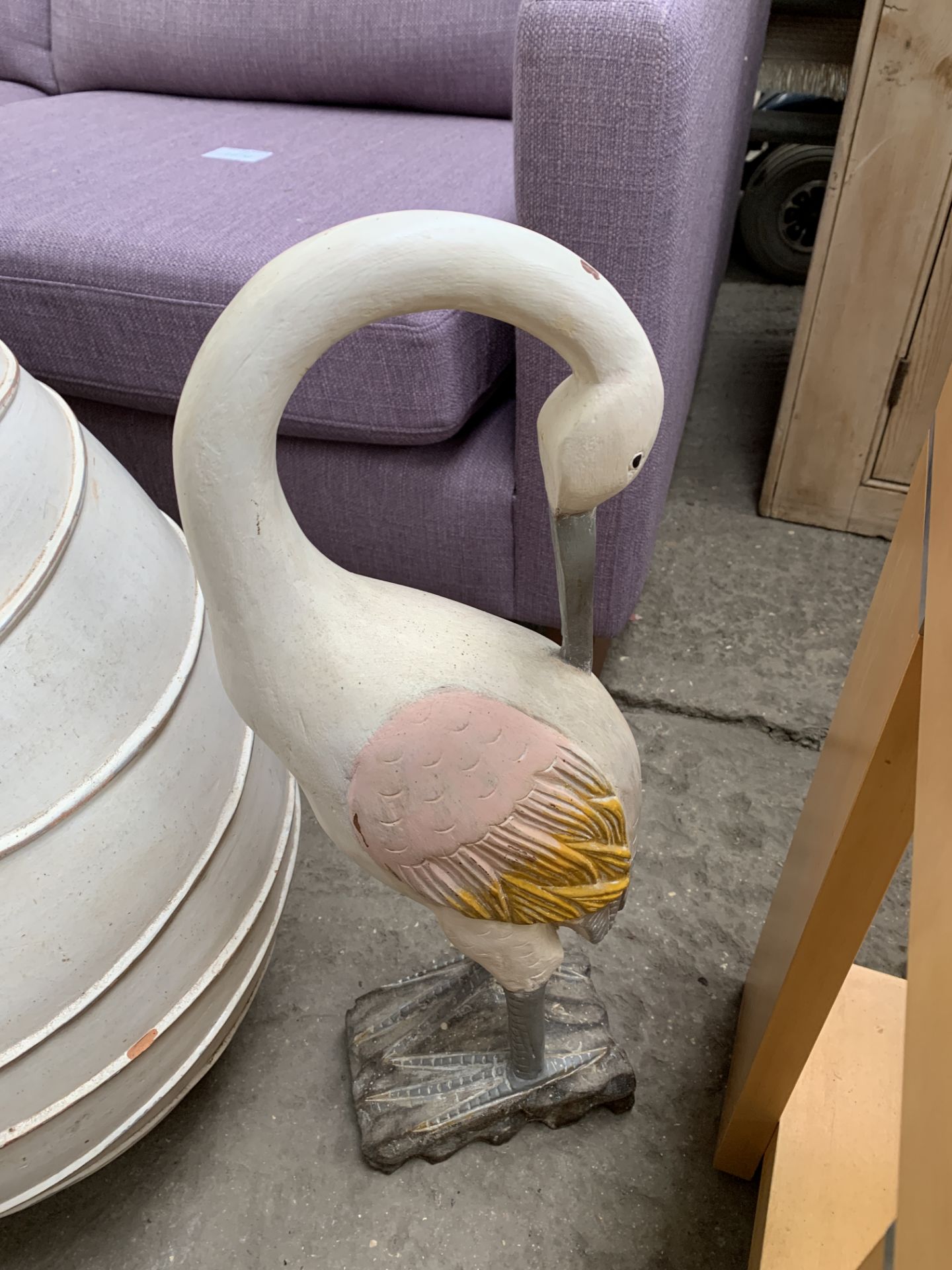 Cream painted urn shape vase and a carved wooden Heron figure - Image 2 of 4