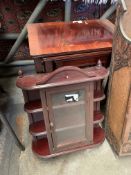 Carved wood wall mounted cupboard, another wall mounted cupboard and nest of 3 tables