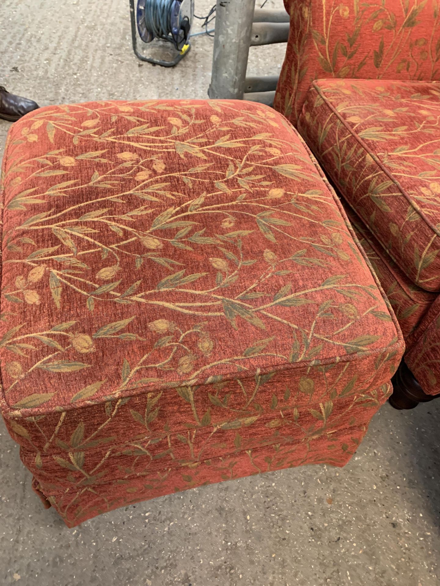 2 armchairs and an ottoman upholstered in dark red; together with a pair of dining chairs - Image 4 of 9