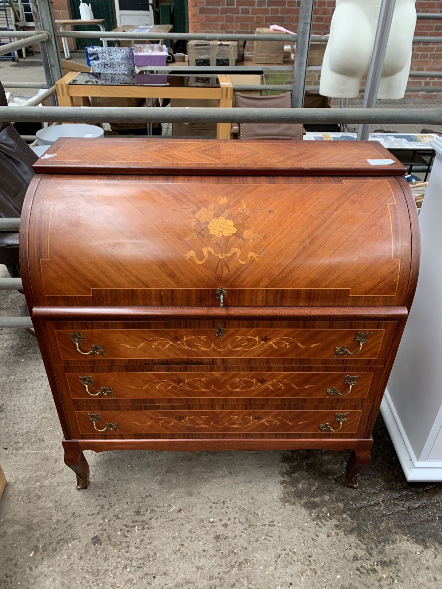 Inlaid mahogany veneer roll top bureau