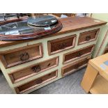 Rustic style pine part painted chest of three over four drawers