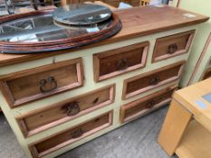 Rustic style pine part painted chest of three over four drawers