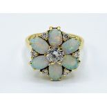 18ct yellow gold diamond and opal ring in the form of a flower