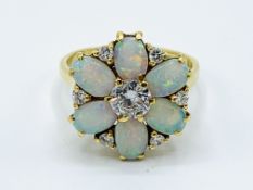 18ct yellow gold diamond and opal ring in the form of a flower