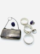 An Edwardian silver evening bag, 3 silver napkin rings and 3 silver stone set rings