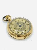 14k gold cased small pocket watch, with metal dust cover, case and mechanism marked GT, not going