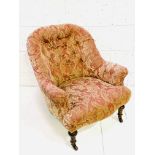 Victorian pink button back floral upholstered armchair