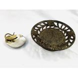 Black Forest carved wood fruit bowl and a mother of pearl shell mounted with a brass lizard figure