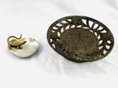 Black Forest carved wood fruit bowl and a mother of pearl shell mounted with a brass lizard figure