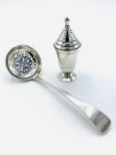 Sterling silver sugar sifter, London 1897, and a silver salt cellar,