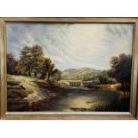 Gilt framed oil on canvas of river, trees and mountain scene with cattle