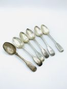 Three Georgian silver dessert spoons hallmarked London 1823; together with 3 other silver spoons