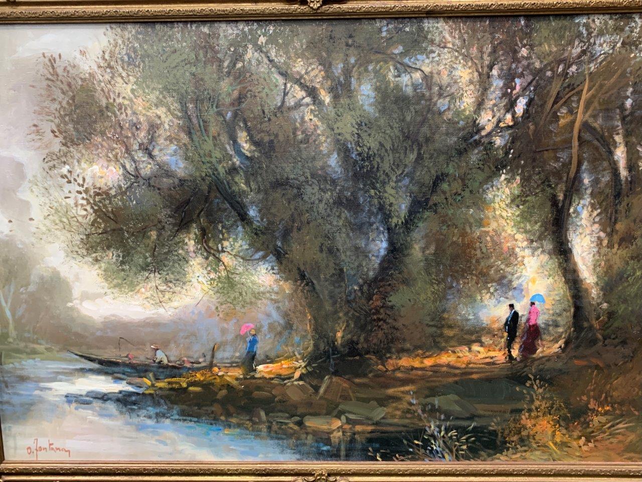 Gilt framed oil on canvas of people and trees by a river, signed O.Fontana - Image 3 of 4