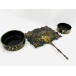 Black shaped wooden fan decorated with birds and flowers in gilt with 2 bowls