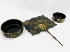 Black shaped wooden fan decorated with birds and flowers in gilt with 2 bowls