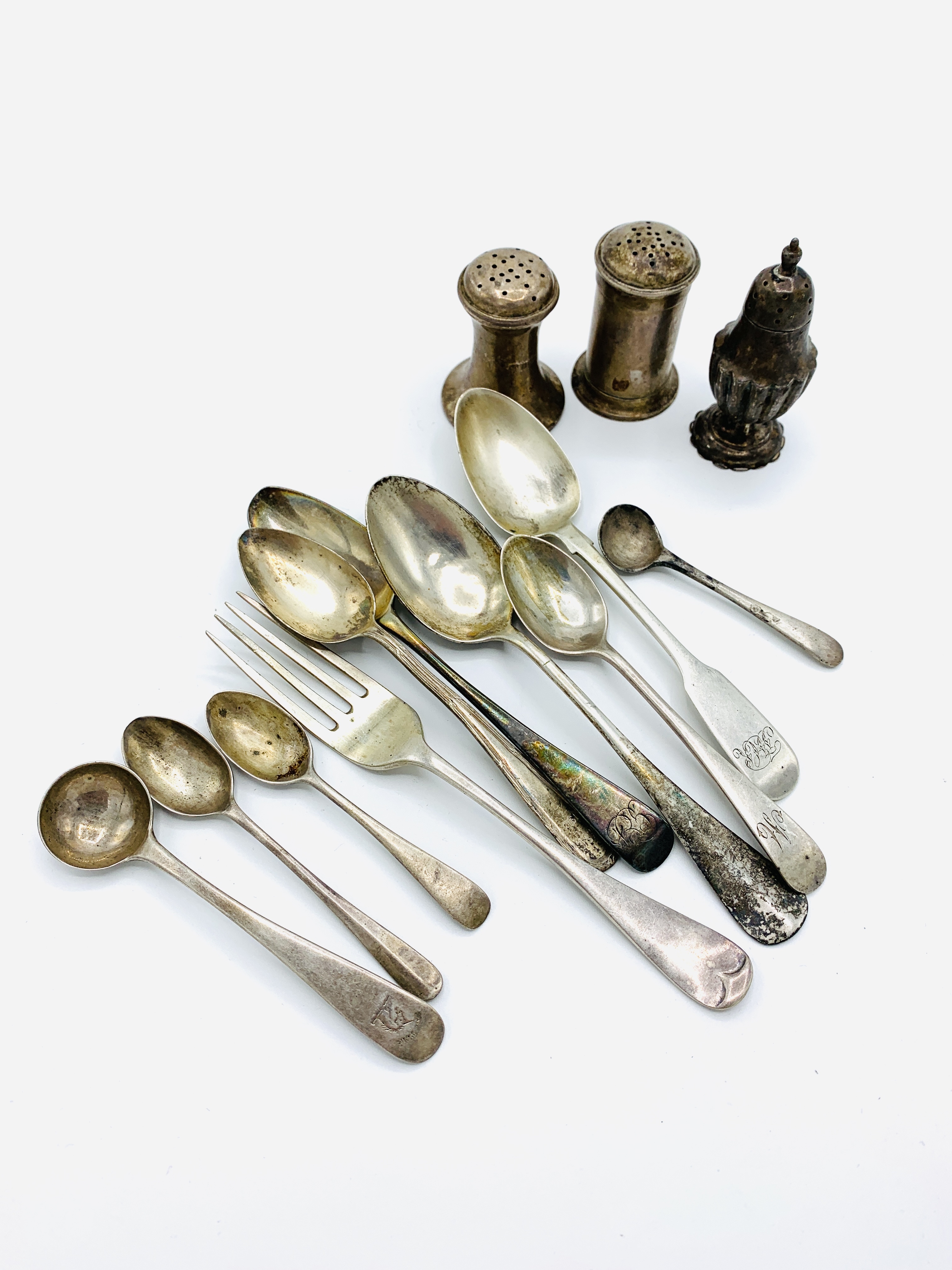 A collection of silver condiment and teaspoons; a silver fork; an 800 silver spoon; and 3 cruets. - Image 2 of 3