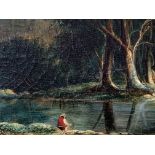 Oil on canvas of a man fishing and a framed oil on board of a stag with hounds signed Toldy M