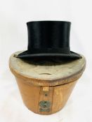 Black silk top hat by City Cork Hat Company Ltd. with leather hat box