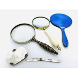 2 desk magnifying glasses, a mother of pearl cased magnifying glass and a silver blade pocket knife