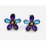 18ct yellow gold, topaz, amethyst, ruby and diamond earrings