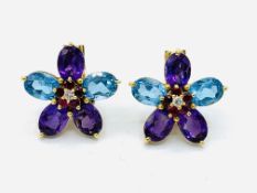 18ct yellow gold, topaz, amethyst, ruby and diamond earrings