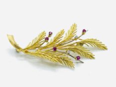 18ct gold ruby and diamond brooch in the form of a sprig