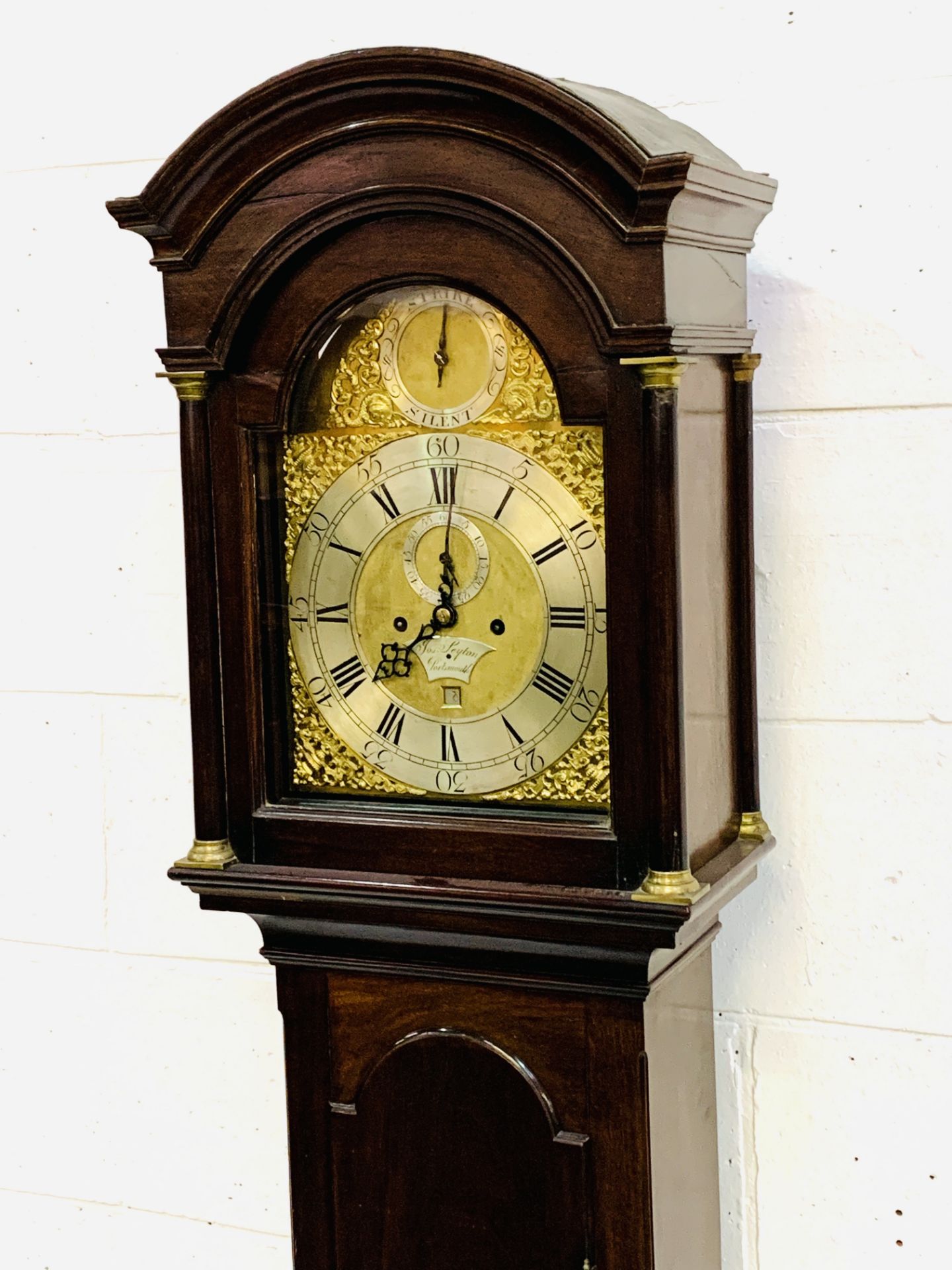 Mahogany long case clock with columned and arched hood by Jos. Leyton of Portsmouth - Image 8 of 9