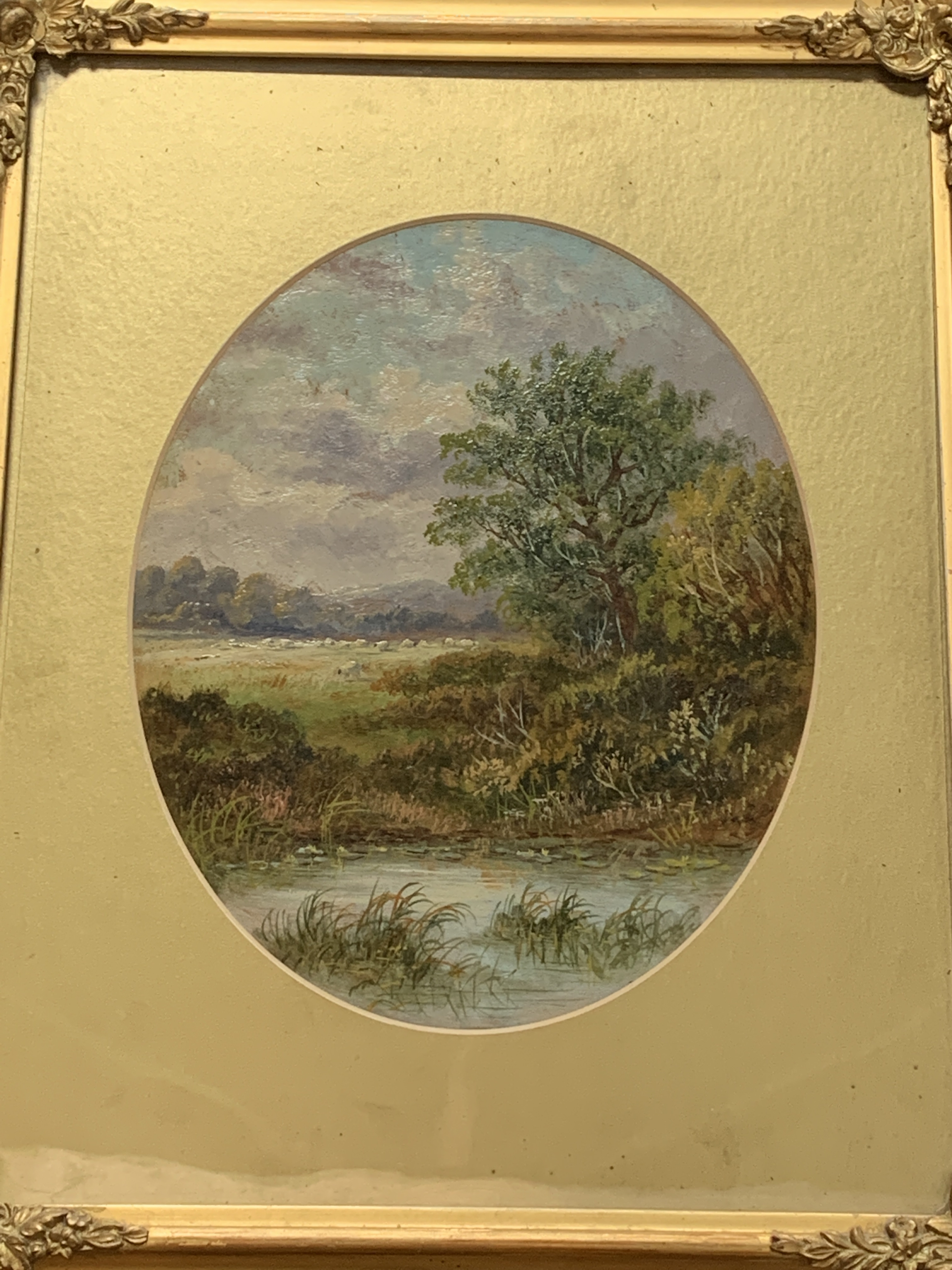 A pair of gilt framed and glazed oval mounted oil paintings - Image 2 of 2