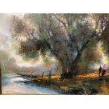 Gilt framed oil on canvas of people and trees by a river, signed O.Fontana
