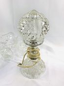 Two cut glass fruit baskets a cut glass table lamp and a cut glass lamp shade