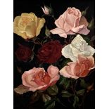 A framed oil on canvas still life roses signed Ernest E Sutton 1927