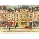 A framed and glazed print of a French street scene signed Michel Delacroix,