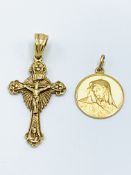 9ct gold crucifix; together with a 9ct gold Madonna medal