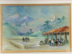 Framed and glazed watercolour of a market scene signed J.A. Rimger