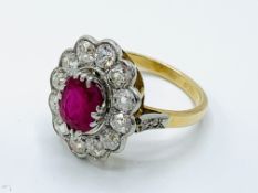 18ct gold and platinum French marked ruby and diamond ring