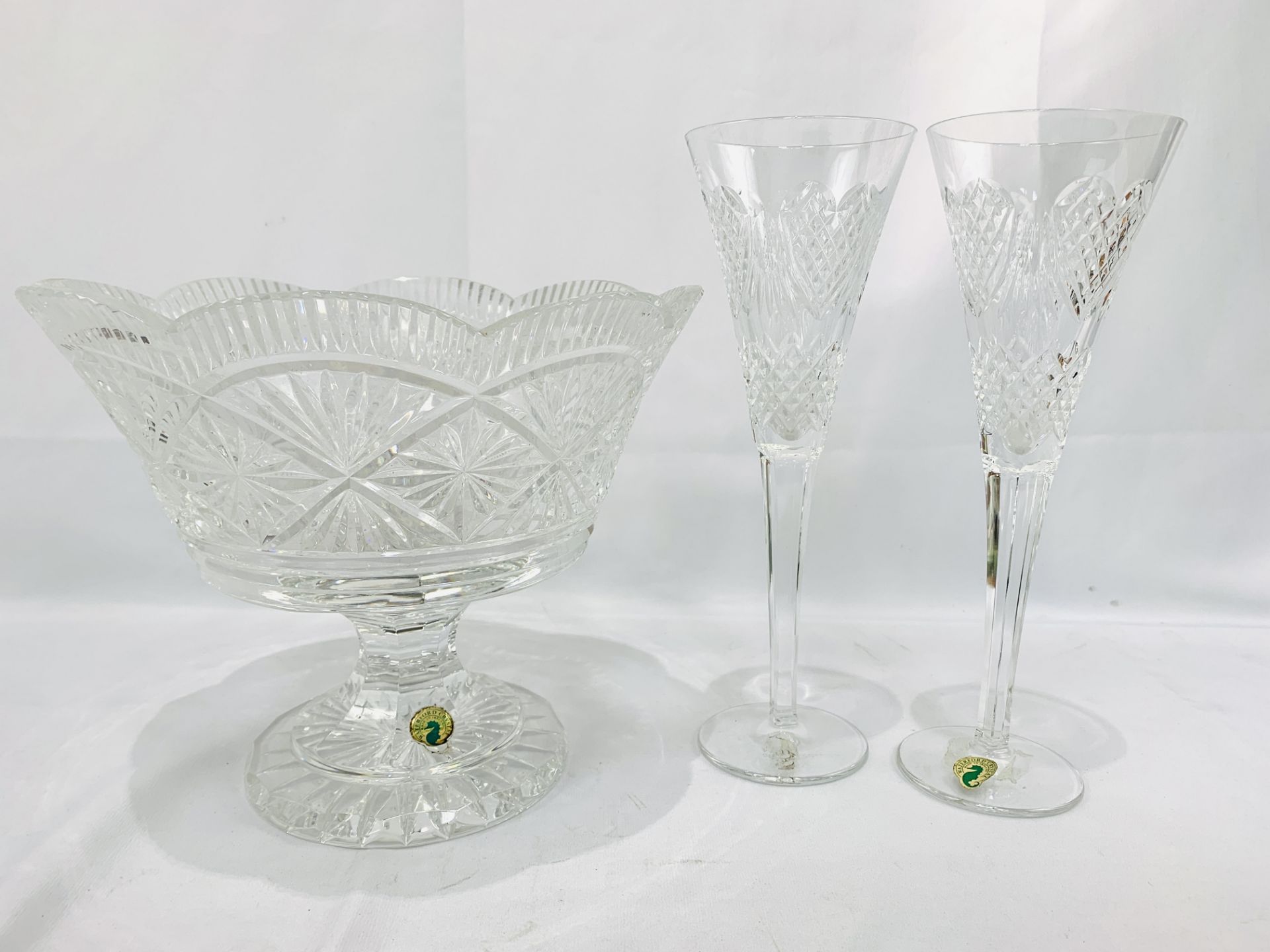 Waterford crystal cut glass fruit bowl and 2 Waterford crystal flutes