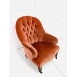 Victorian dark pink button back upholstered armchair