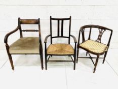 Regency style mahogany framed open armchair and 2 other chairs