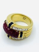 18ct yellow gold ruby diamond and sapphire ring