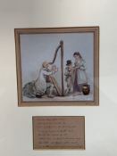 Framed and glazed watercolour of a man playing a harp with song lyrics beneath